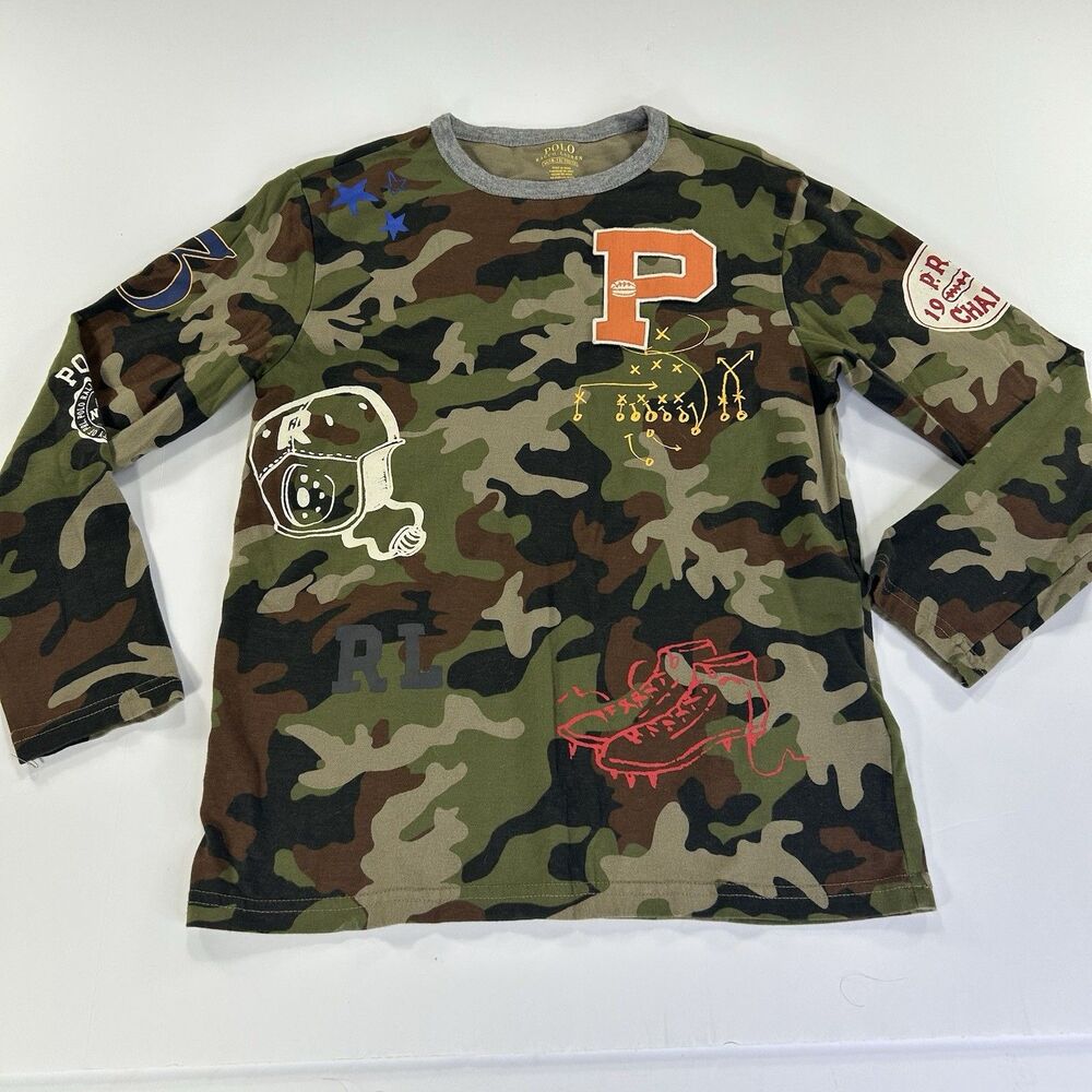 Polo Ralph Lauren Boys M 10-12 Camo Long Sleeve Graphic Varsity T-Shirt Football